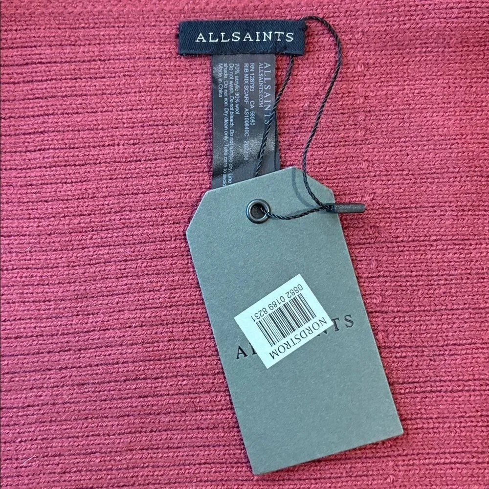 ALL SAINTS NWT Ribbed Knit Rib Mix Wool Blend Scarf Sienna Red 86